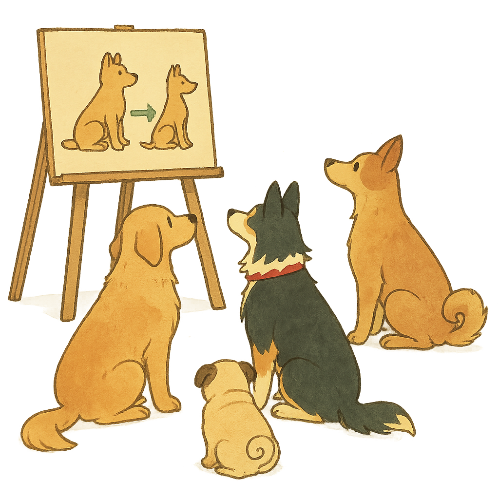 Illustration d'un atelier canin éducatif pour chiens adultes et chiots
