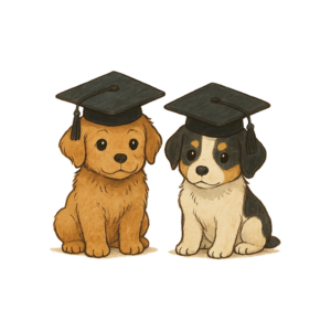 Illustration de chiots diplômés célébrant la réussite de leur apprentissage