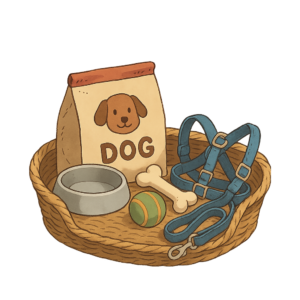 Panier et accessoires de préparation pour l'arrivée d'un nouveau chien dans la famille