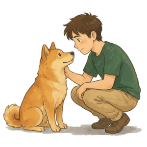 Dessin style Ghibli illustrant le respect mutuel entre l'homme et le chien