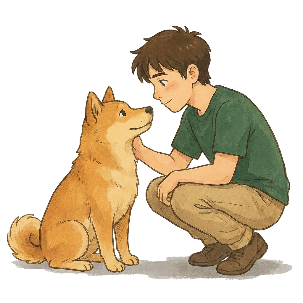 Dessin style Ghibli illustrant le respect mutuel entre l'homme et le chien